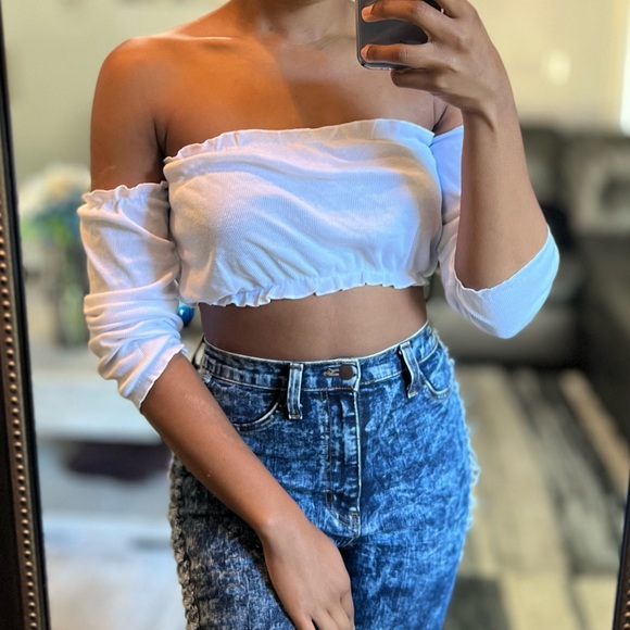 White Stretchy Off the Shoulder Long Sleeve Crop Top, M/L - Picture 1 of 3